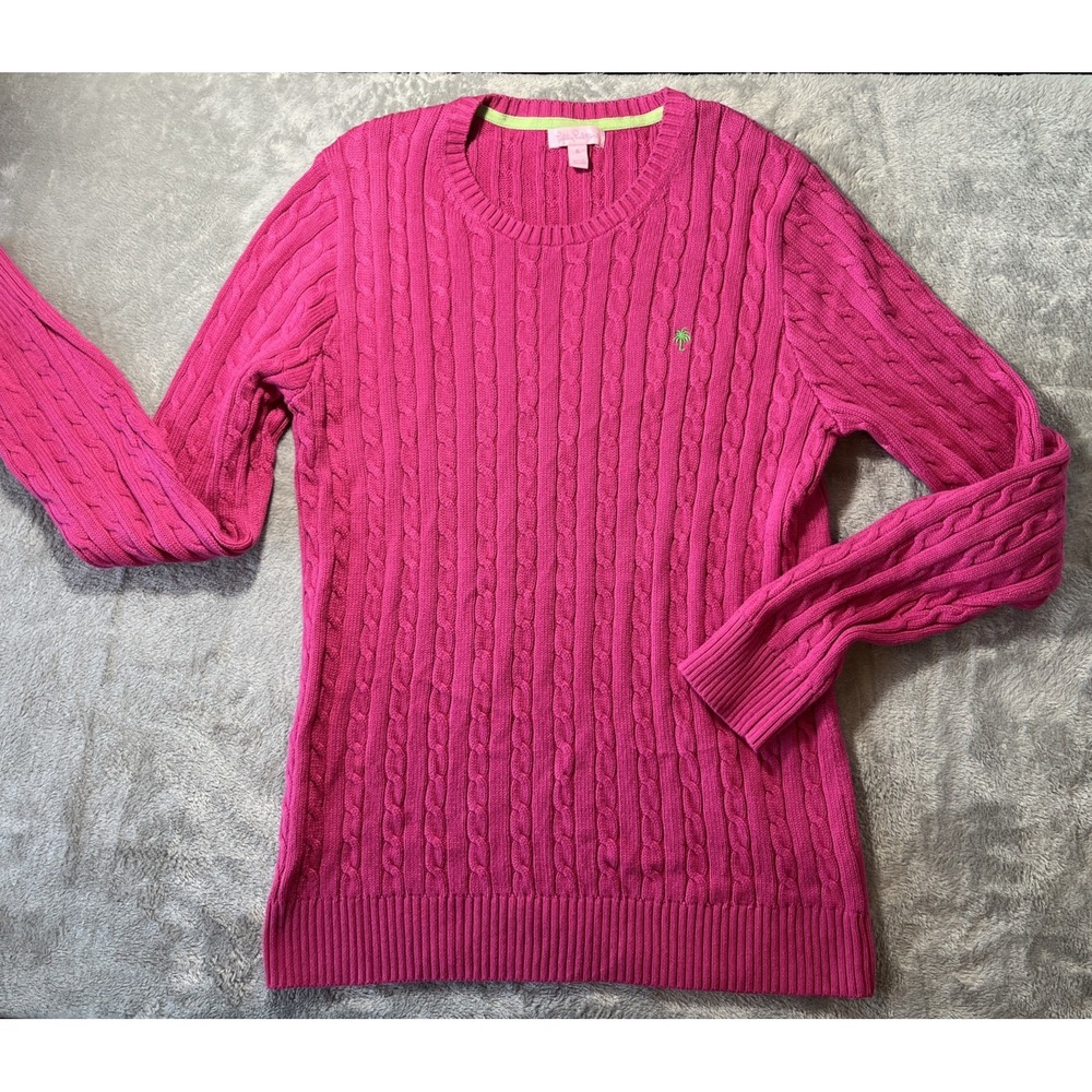 Lilly Pulitzer Cable Knit Palm Tree Logo Long Sweater xl Pink 100% Cotton